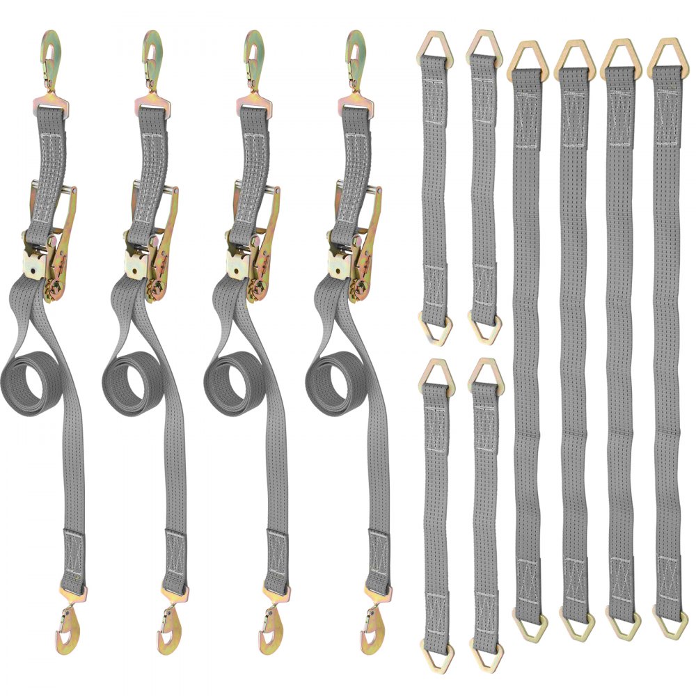 Correas de amarre con trinquete VEVOR, 2' x 15.6', resistentes, con ganchos a presión, carga de trabajo de 4000 lb, paquete de 4. Incluye 8 correas de eje para mover motocicletas, carga y uso diario.