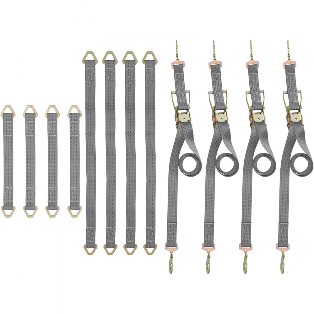 Correas de amarre con trinquete VEVOR, 2' x 15.6', resistentes, con ganchos a presión, carga de trabajo de 4000 lb, paquete de 4. Incluye 8 correas de eje para mover motocicletas, carga y uso diario.