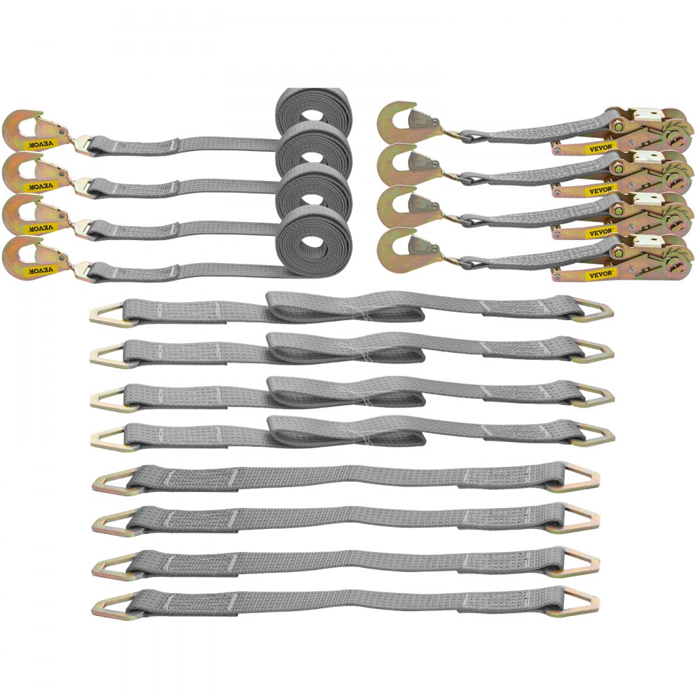 Correas de amarre con trinquete VEVOR, 2' x 15.6', resistentes, con ganchos a presión, carga de trabajo de 4000 lb, paquete de 4. Incluye 8 correas de eje para mover motocicletas, carga y uso diario.