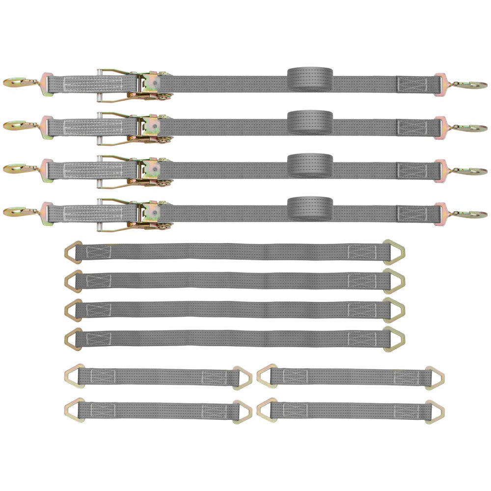 Correas de amarre con trinquete VEVOR, 2' x 15.6', resistentes, con ganchos a presión, carga de trabajo de 4000 lb, paquete de 4. Incluye 8 correas de eje para mover motocicletas, carga y uso diario.