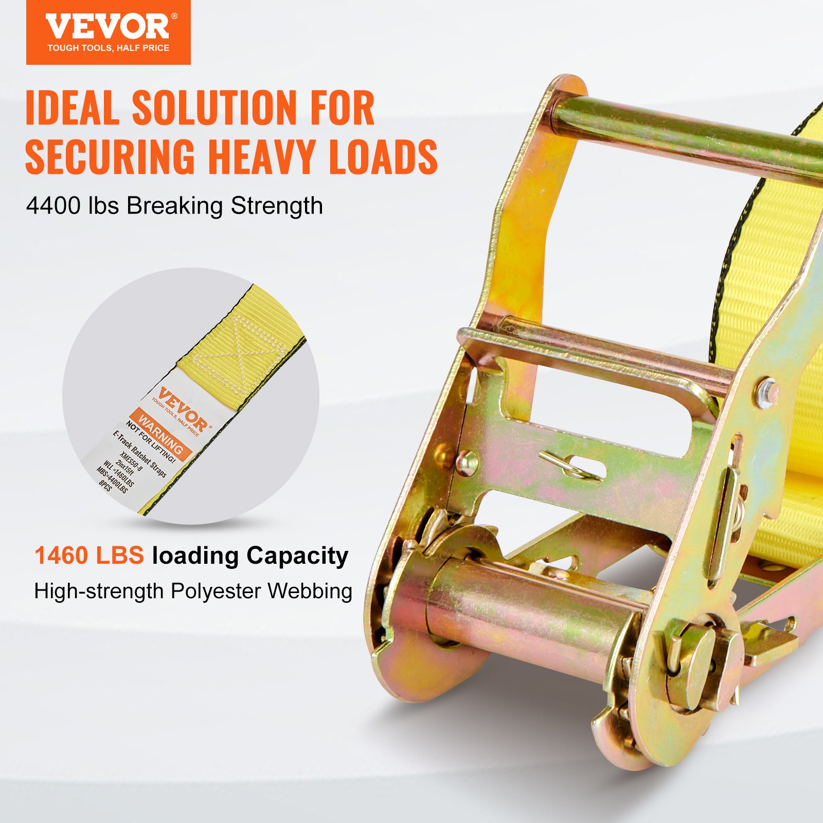 VEVOR Ratchet Tie Down Straps (8PK), 4400 lb Break Strength, E-Track Endless Ratchet with 8 Premium 2" x 15' Rachet Tie Downs Heavy Duty, for Moving Securing Cargo, Appliances, Lawn Equipment