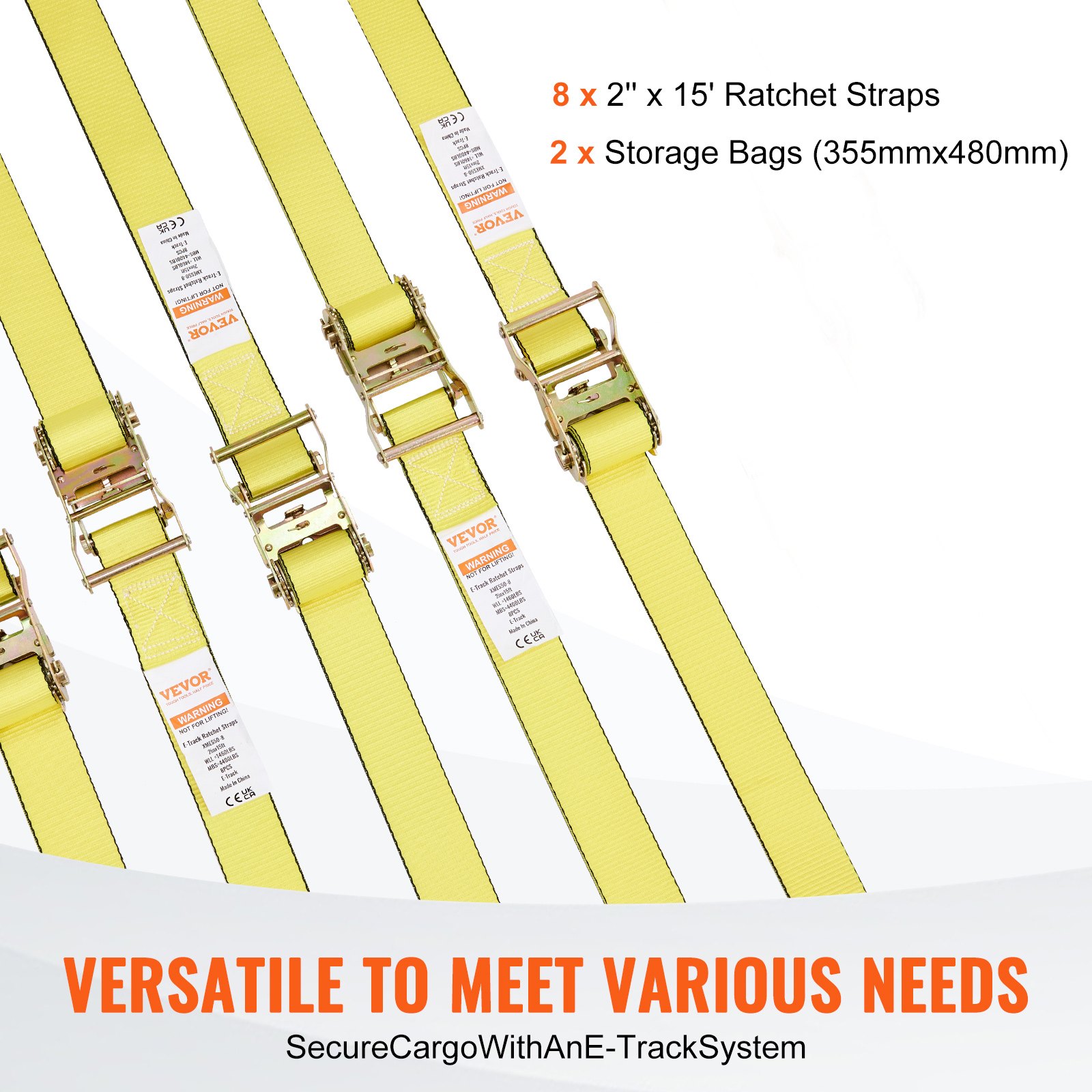 VEVOR Ratchet Tie Down Straps (8PK), 4400 lb Break Strength, E-Track Endless Ratchet with 8 Premium 2" x 15' Rachet Tie Downs Heavy Duty, for Moving Securing Cargo, Appliances, Lawn Equipment
