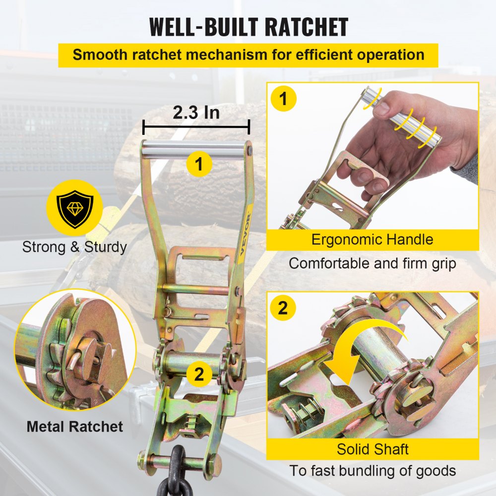 VEVOR Ratchet Tie Down Straps, 2'' x 9.8' Heavy Duty Ratchet Straps with 11.8" Chain Anchors, 4000 lbs Working Load, 4 Pack Tie Down Set for Moving Motorcycle, Cargo & Daily Use