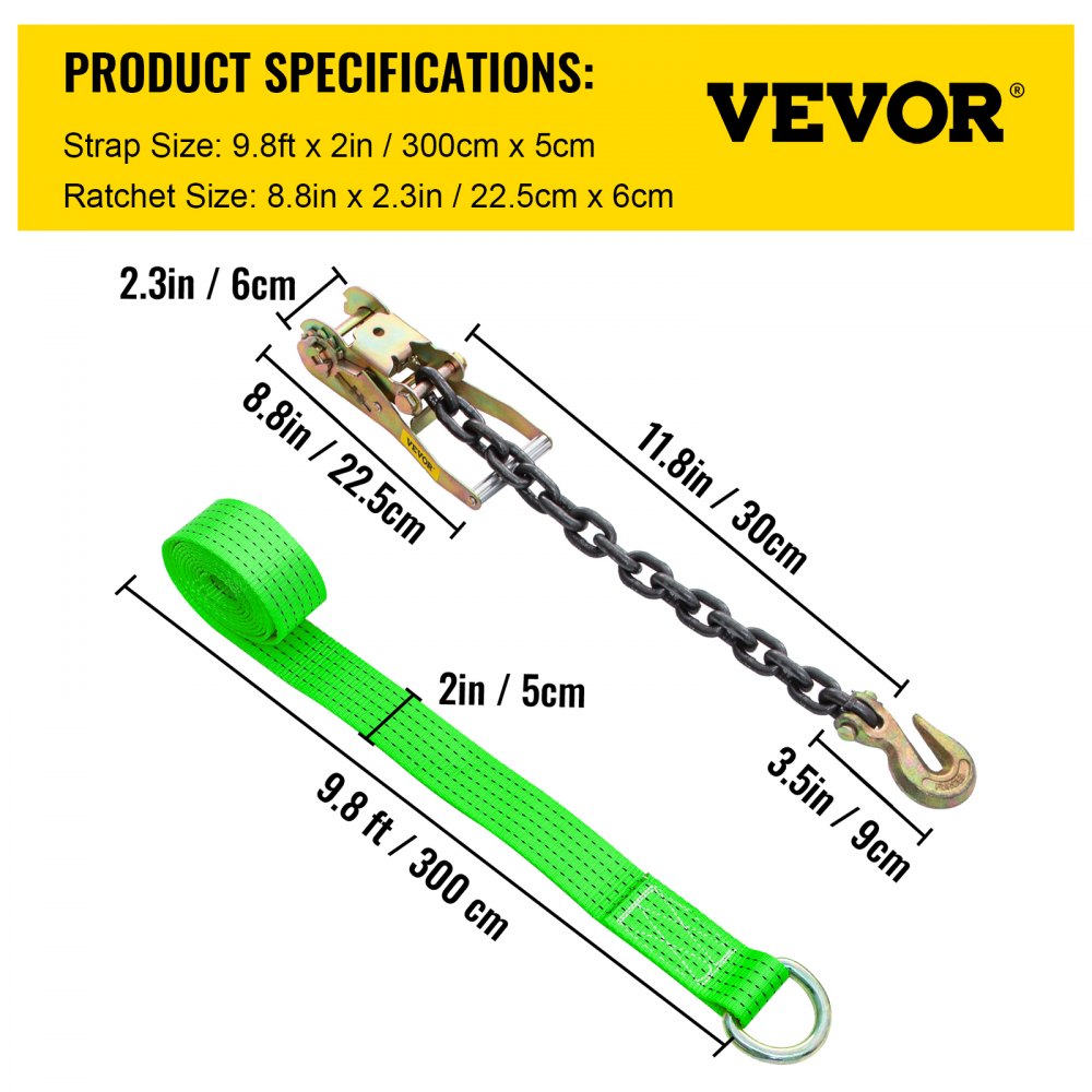 VEVOR Ratchet Tie Down Straps, 2'' x 9.8' Heavy Duty Ratchet Straps with 11.8" Chain Anchors, 4000 lbs Working Load, 4 Pack Tie Down Set for Moving Motorcycle, Cargo & Daily Use