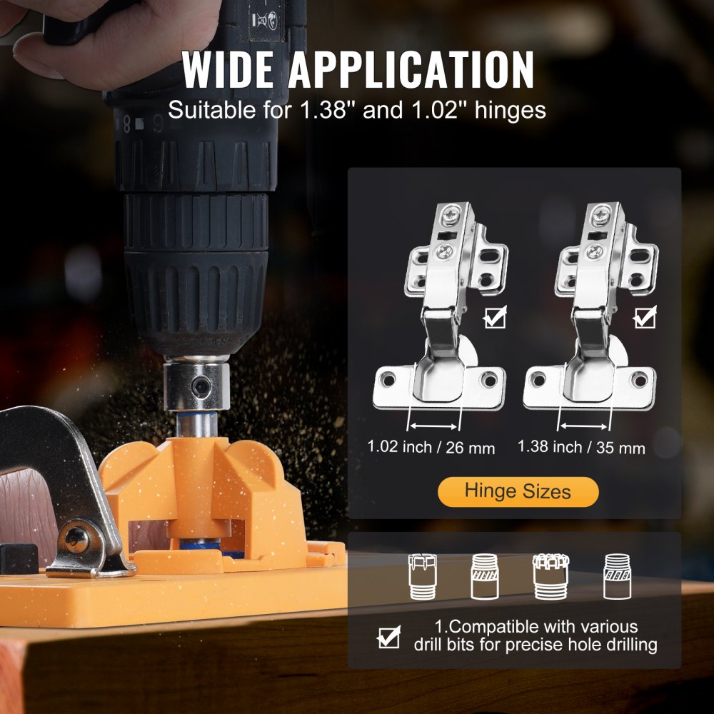 VEVOR Concealed Hinge Jig, Cabinet Hinge Jig with C-Type Clamp and Accessories, PA66 Nylon and Steel Material, Accurate Hinge Drill Jig Woodworking Tool for Doors Cabinets Hinges Mounting