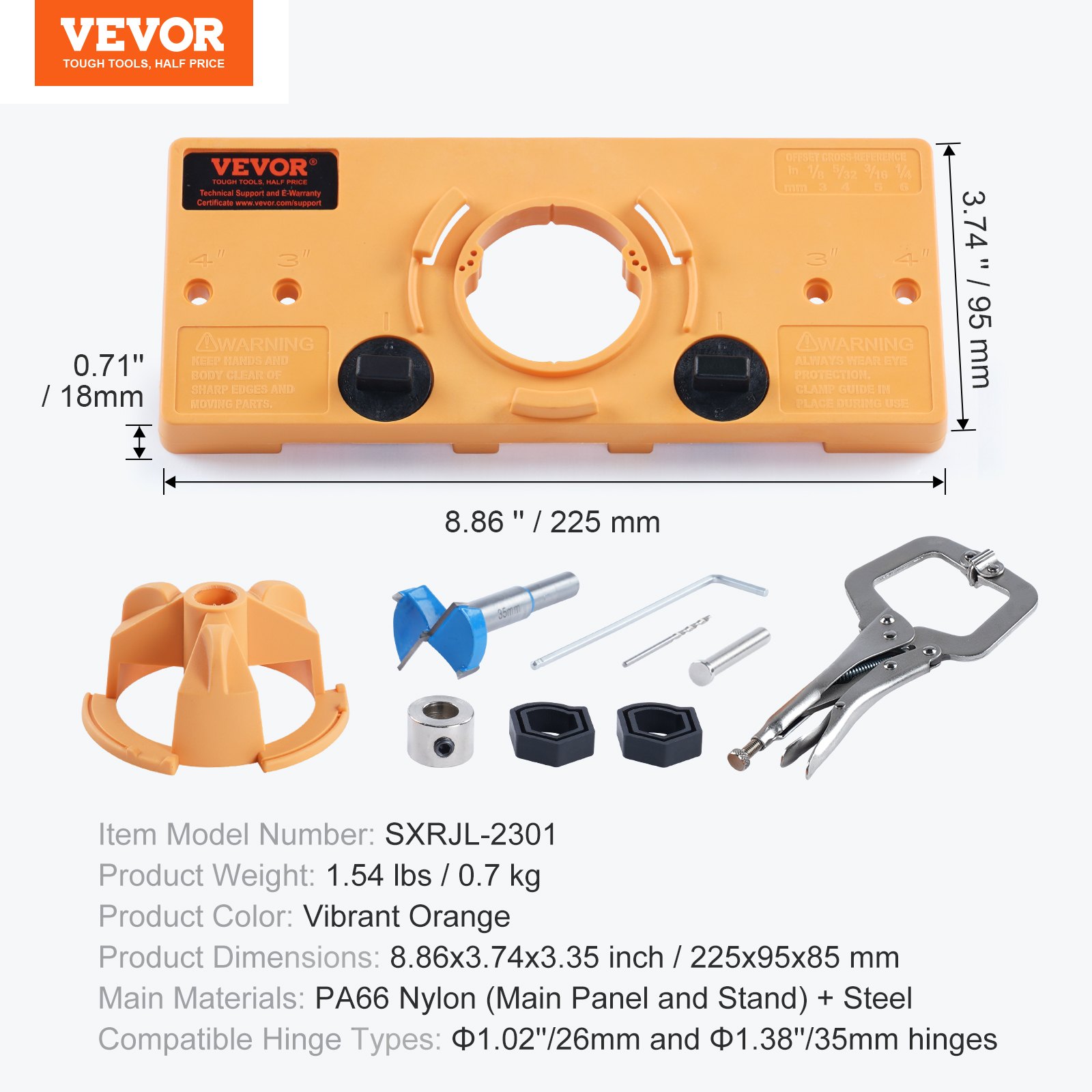 VEVOR Concealed Hinge Jig, Cabinet Hinge Jig with C-Type Clamp and Accessories, PA66 Nylon and Steel Material, Accurate Hinge Drill Jig Woodworking Tool for Doors Cabinets Hinges Mounting
