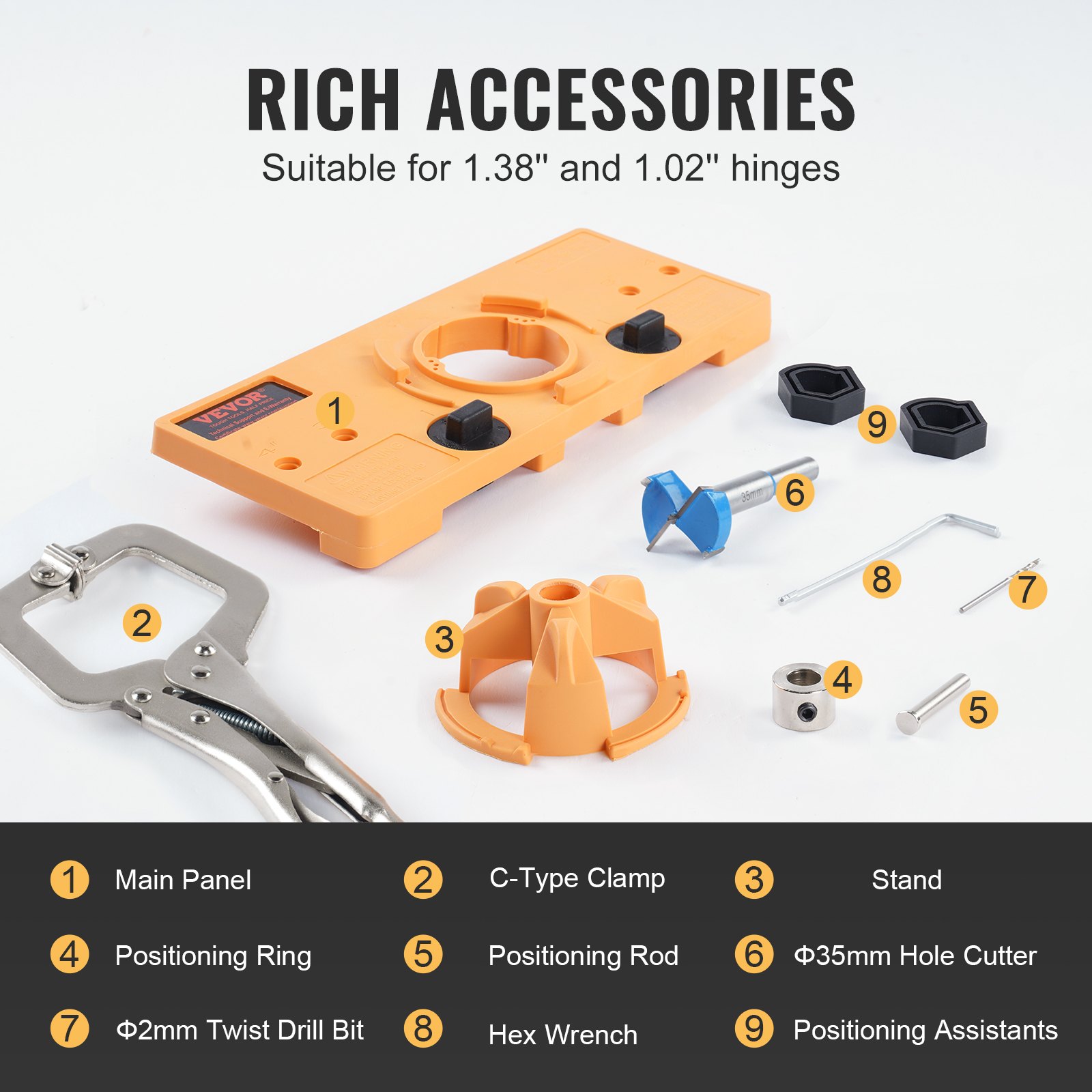 VEVOR Concealed Hinge Jig, Cabinet Hinge Jig with C-Type Clamp and Accessories, PA66 Nylon and Steel Material, Accurate Hinge Drill Jig Woodworking Tool for Doors Cabinets Hinges Mounting