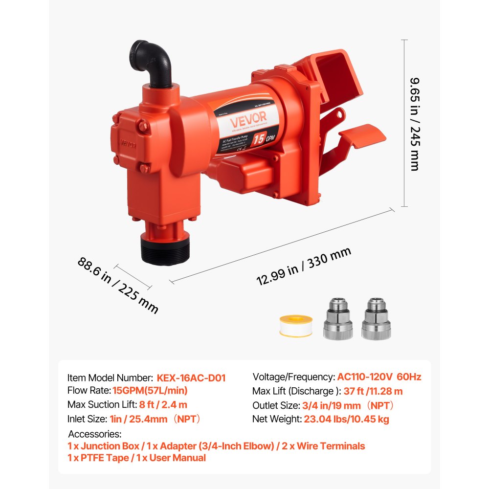 VEVOR Fuel Transfer Pump 110V, 15 GPM 57 L/min, AC Electric Oil Transfer Pump, 8 ft/2.4 m Max Suction Lift, 37 ft/11.28 m Max Lift, Overheat Protection, for Gasoline Diesel Kerosene Biodiesel Ethanol