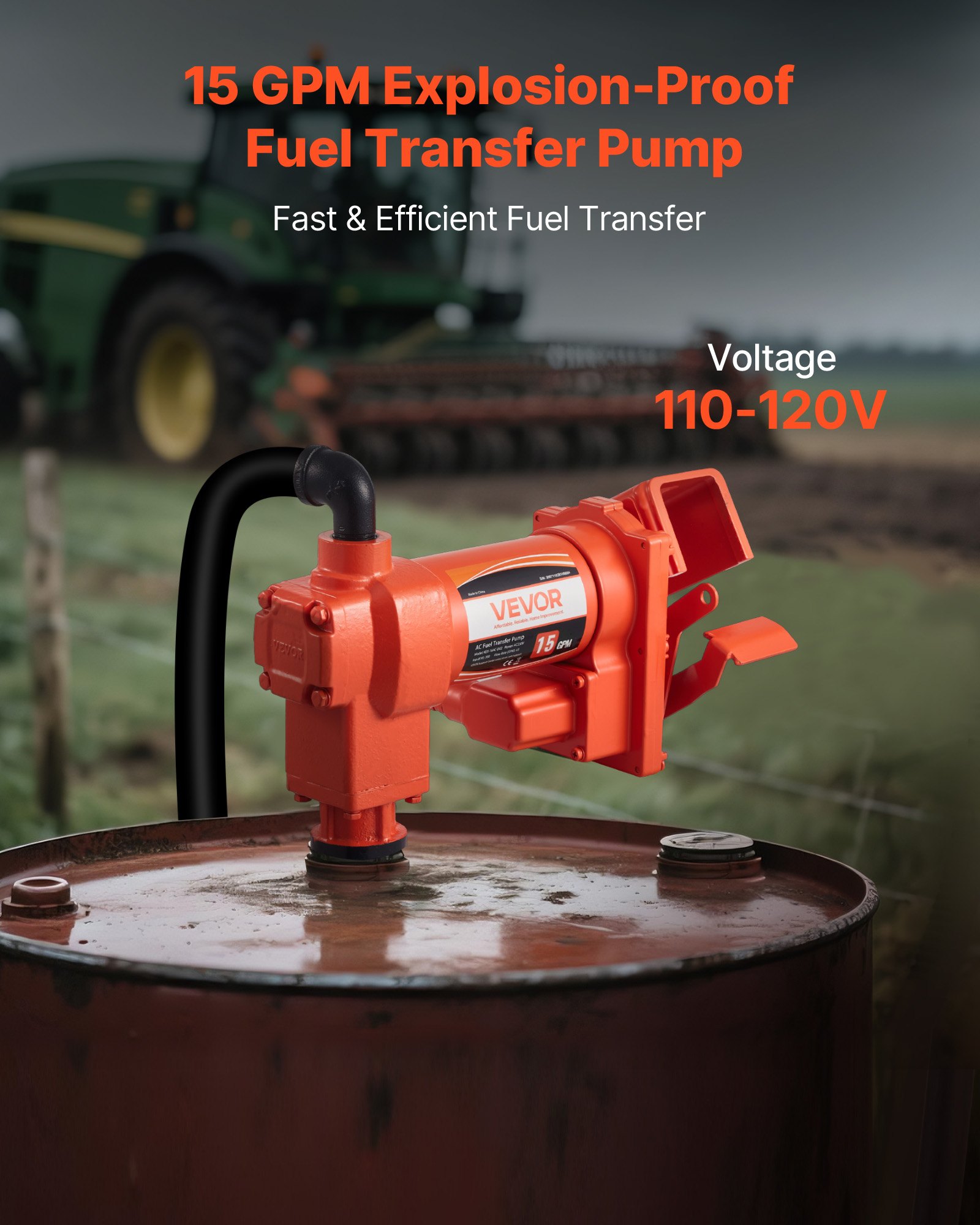 VEVOR Fuel Transfer Pump 110V, 15 GPM 57 L/min, AC Electric Oil Transfer Pump, 8 ft/2.4 m Max Suction Lift, 37 ft/11.28 m Max Lift, Overheat Protection, for Gasoline Diesel Kerosene Biodiesel Ethanol