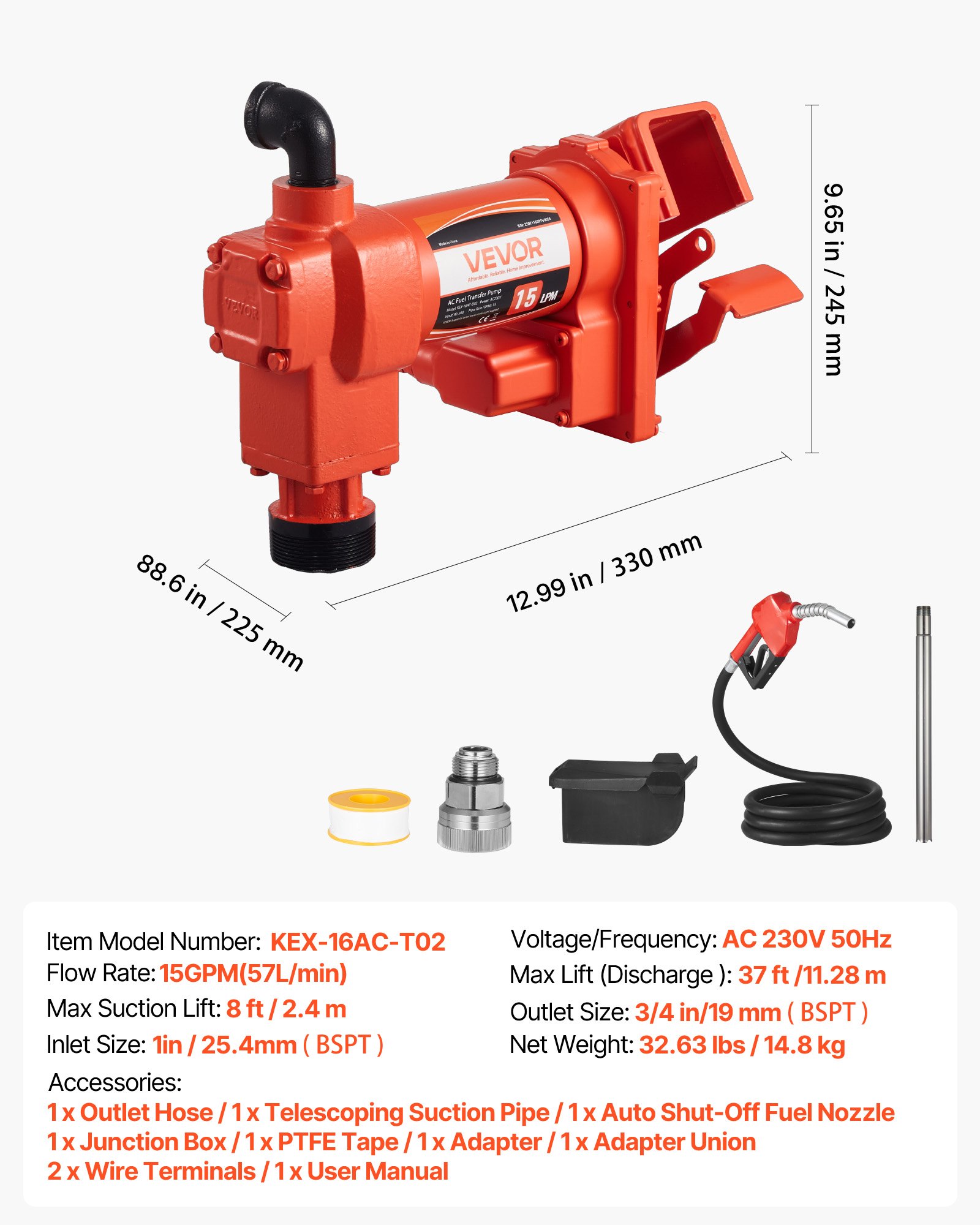 VEVOR Fuel Transfer Pump 230V, 15 GPM 57 L/min, AC Electric Oil Transfer Pump, with Auto Shut-Off Fuel Nozzle & Discharge Hose, High Flow Kit for Gasoline, Diesel, Kerosene, Biodiesel, Ethanol Blends