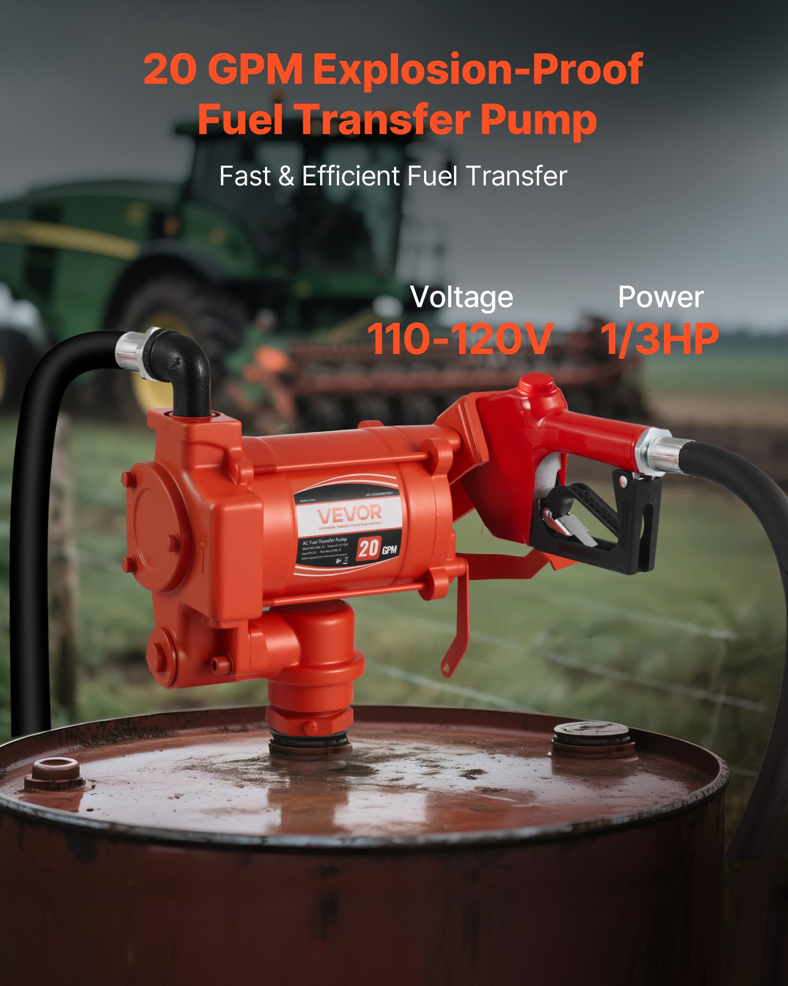 VEVOR Fuel Transfer Pump 110V, 20 GPM 76 L/min, AC Electric Oil Transfer Pump, with Auto Shut-Off Fuel Nozzle & Discharge Hose, High Flow Kit for Gasoline, Diesel, Kerosene, Biodiesel, Ethanol Blends