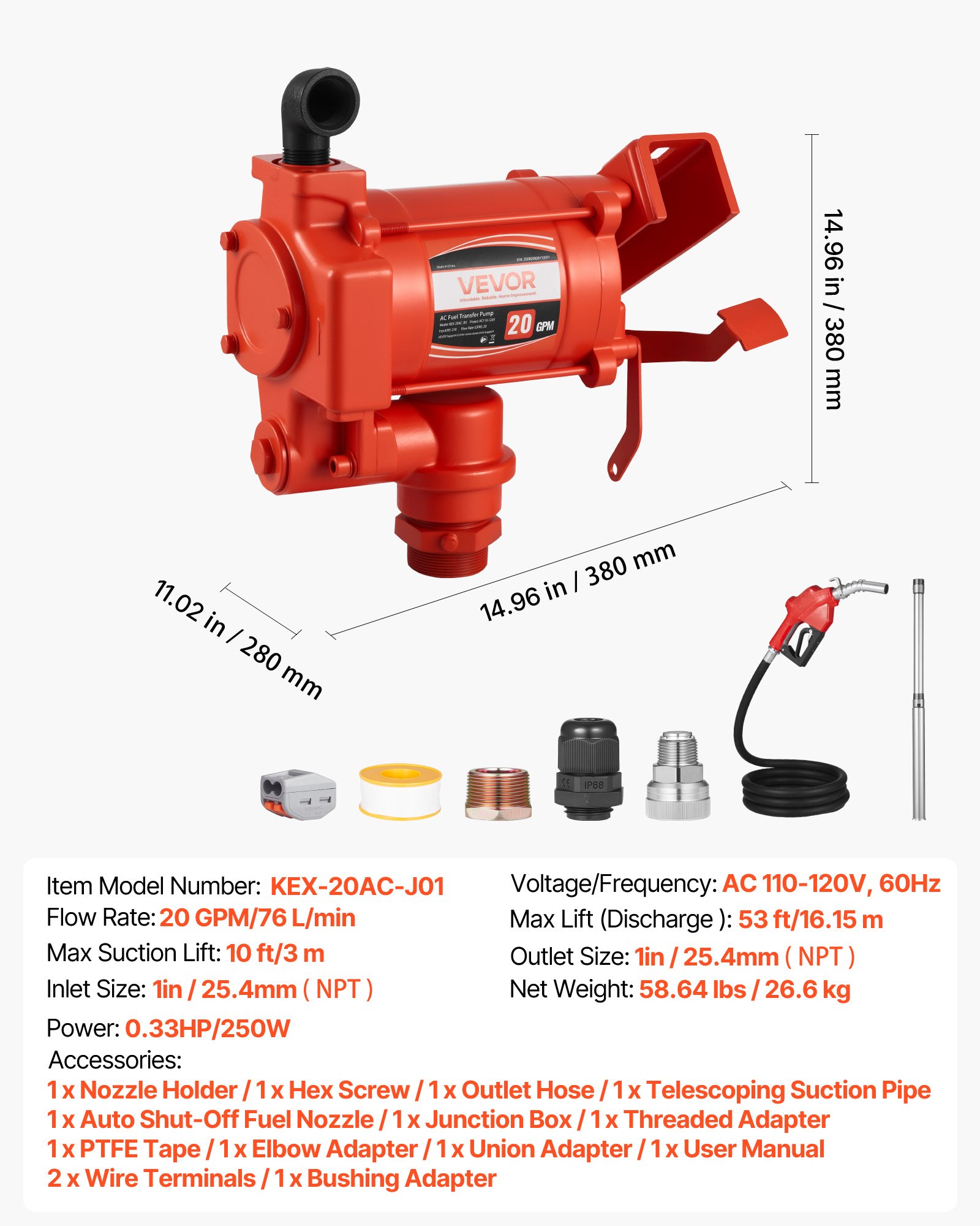 VEVOR Fuel Transfer Pump 110V, 20 GPM 76 L/min, AC Electric Oil Transfer Pump, with Auto Shut-Off Fuel Nozzle & Discharge Hose, High Flow Kit for Gasoline, Diesel, Kerosene, Biodiesel, Ethanol Blends