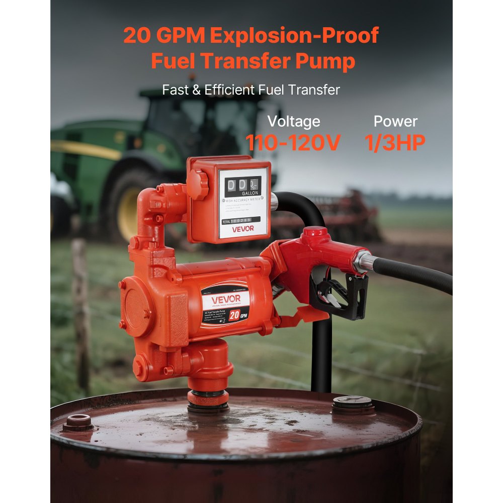 VEVOR Fuel Transfer Pump 110V, 20 GPM 76 L/min, AC Electric Oil Transfer Pump, with Meter, Auto Shut-Off Fuel Nozzle & Discharge Hose, High Flow for Gasoline, Diesel, Kerosene, Biodiesel, Ethanol