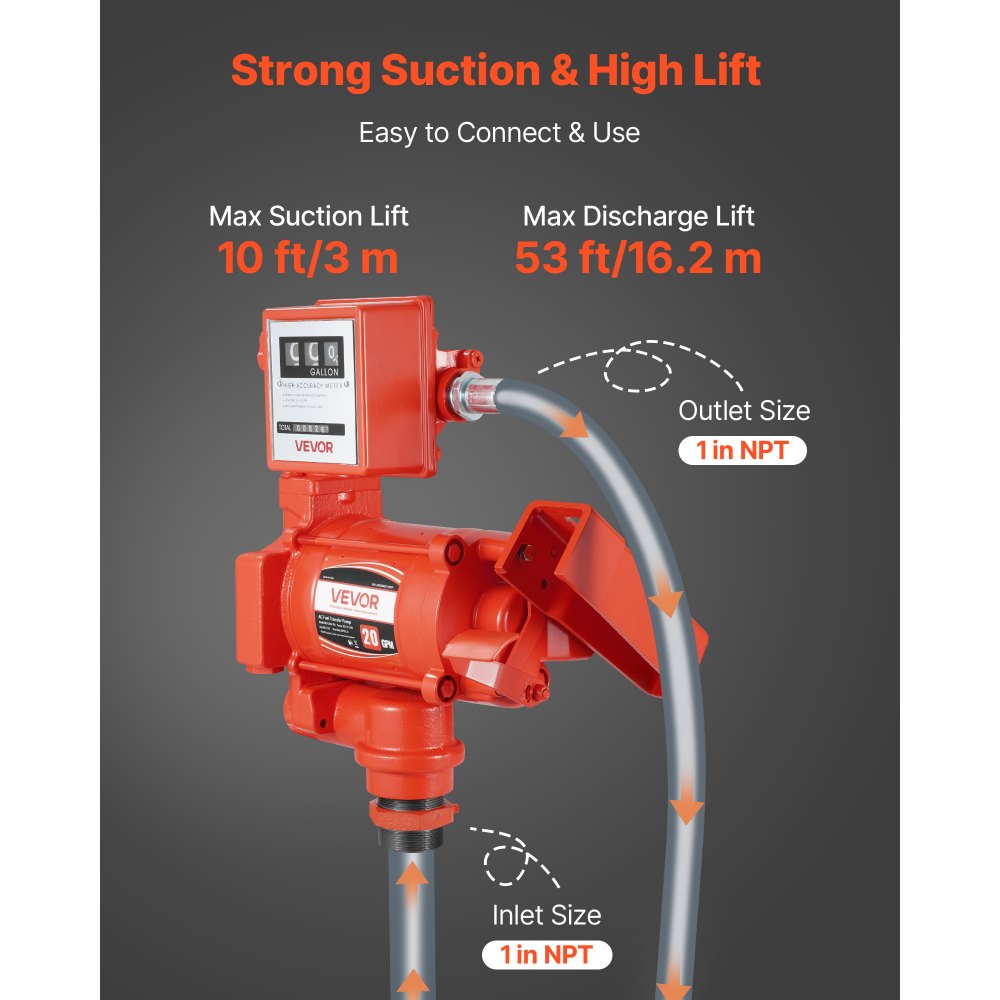 VEVOR Fuel Transfer Pump 110V, 20 GPM 76 L/min, AC Electric Oil Transfer Pump, with Meter, Auto Shut-Off Fuel Nozzle & Discharge Hose, High Flow for Gasoline, Diesel, Kerosene, Biodiesel, Ethanol