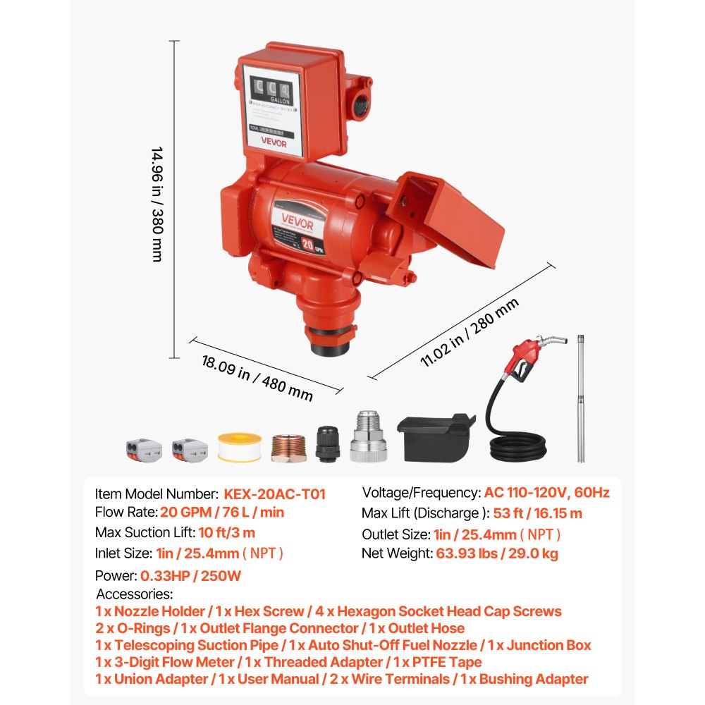 VEVOR Fuel Transfer Pump 110V, 20 GPM 76 L/min, AC Electric Oil Transfer Pump, with Meter, Auto Shut-Off Fuel Nozzle & Discharge Hose, High Flow for Gasoline, Diesel, Kerosene, Biodiesel, Ethanol