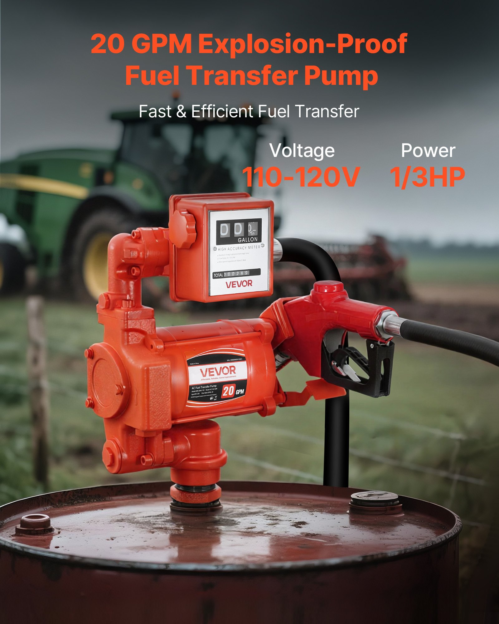 VEVOR Fuel Transfer Pump 110V, 20 GPM 76 L/min, AC Electric Oil Transfer Pump, with Meter, Auto Shut-Off Fuel Nozzle & Discharge Hose, High Flow for Gasoline, Diesel, Kerosene, Biodiesel, Ethanol