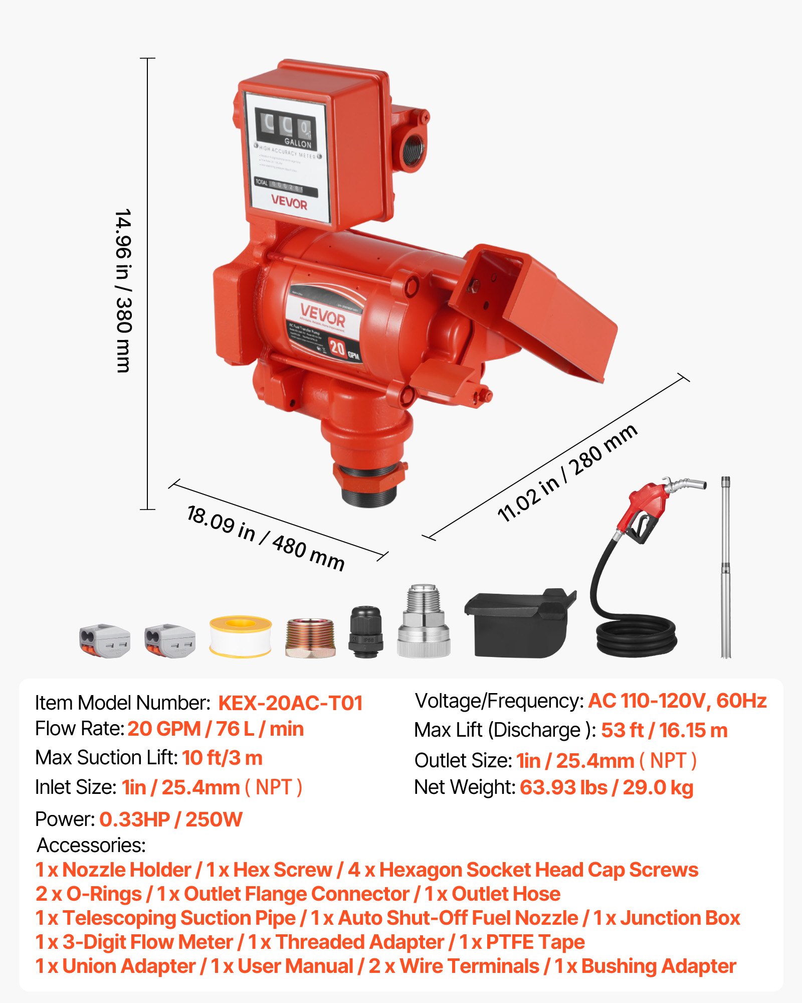 VEVOR Fuel Transfer Pump 110V, 20 GPM 76 L/min, AC Electric Oil Transfer Pump, with Meter, Auto Shut-Off Fuel Nozzle & Discharge Hose, High Flow for Gasoline, Diesel, Kerosene, Biodiesel, Ethanol