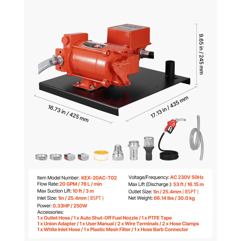 VEVOR Fuel Transfer Pump 230V, 20 GPM 76 L/min, AC Electric Oil Transfer Pump, with Meter, Auto Shut-Off Fuel Nozzle & Discharge Hose, High Flow for Gasoline, Diesel, Kerosene, Biodiesel, Ethanol