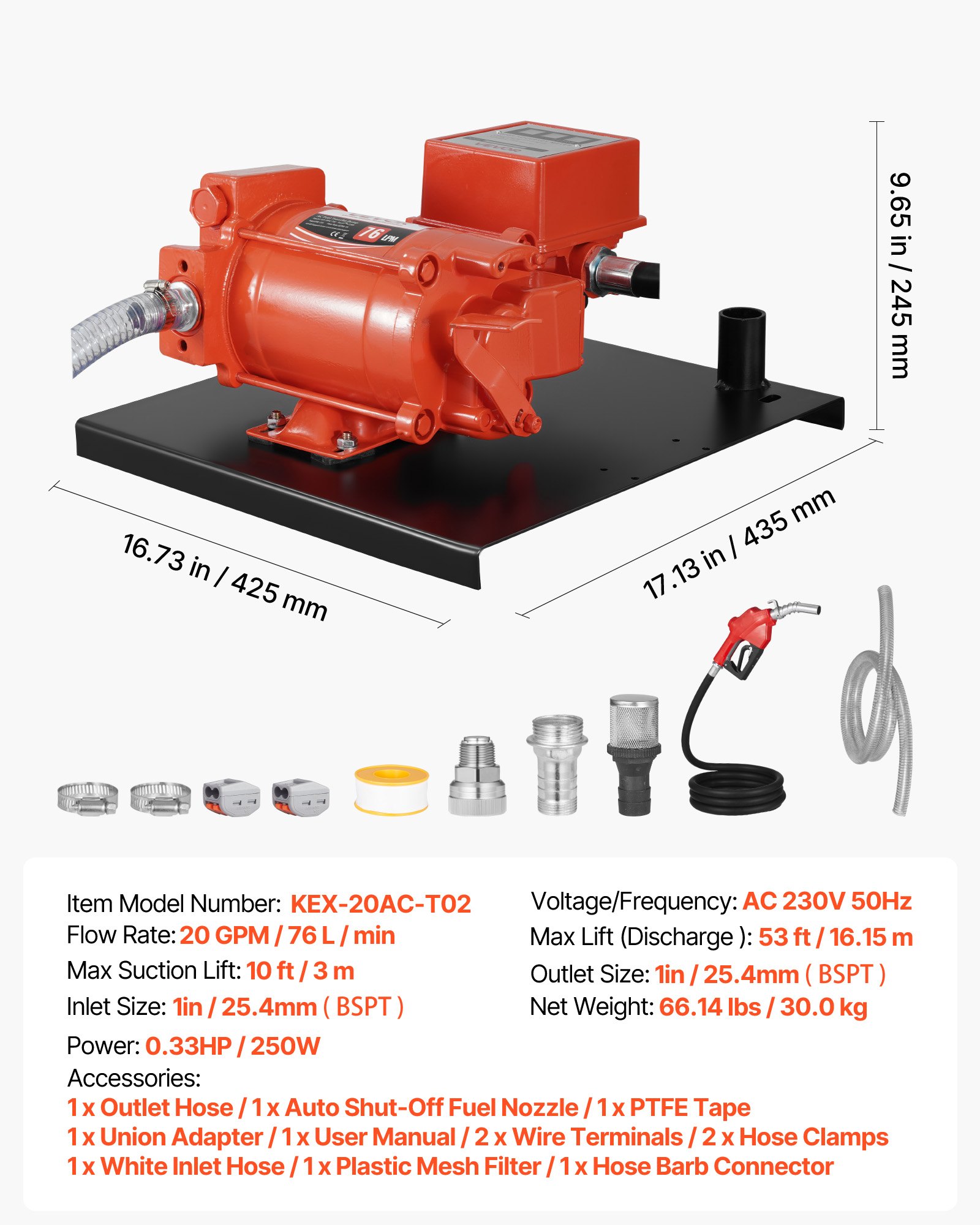 VEVOR Fuel Transfer Pump 230V, 20 GPM 76 L/min, AC Electric Oil Transfer Pump, with Meter, Auto Shut-Off Fuel Nozzle & Discharge Hose, High Flow for Gasoline, Diesel, Kerosene, Biodiesel, Ethanol