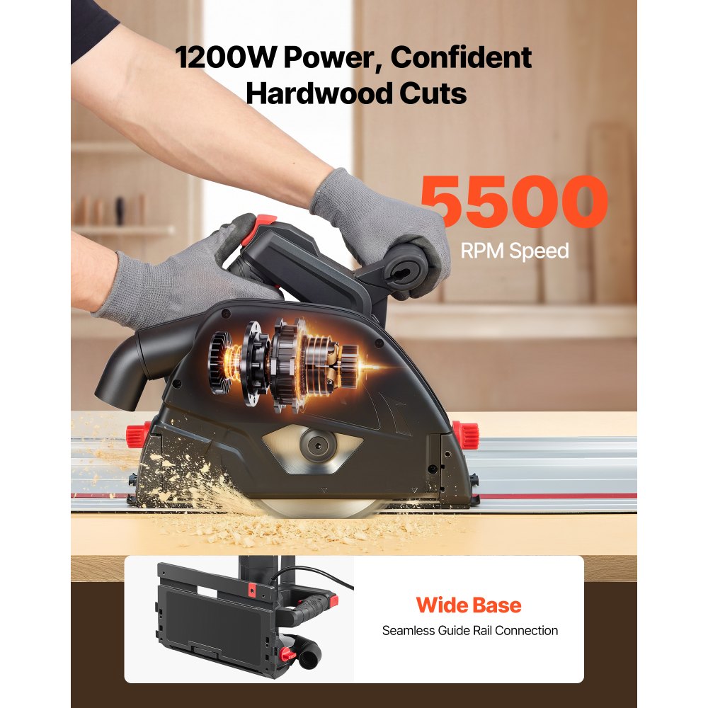 VEVOR Track Saw, 165.1 mm, Plunge-Cut Circular Saw Kit, Tracksaw with 48-Tooth Carbide-Tipped Blade, 0-45° Angle Adjustment, 55 mm Cutting Depth, for Wood, Plastic, Guide Rail Not Included, Black