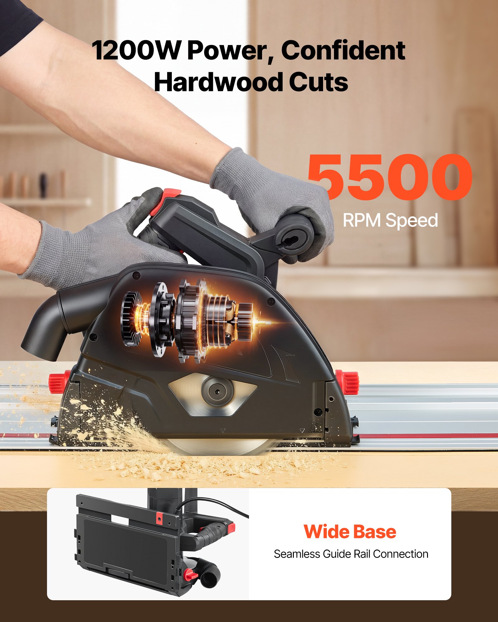 VEVOR Track Saw, 165.1 mm, Plunge-Cut Circular Saw Kit, Tracksaw with 48-Tooth Carbide-Tipped Blade, 0-45° Angle Adjustment, 55 mm Cutting Depth, for Wood, Plastic, Guide Rail Not Included, Black