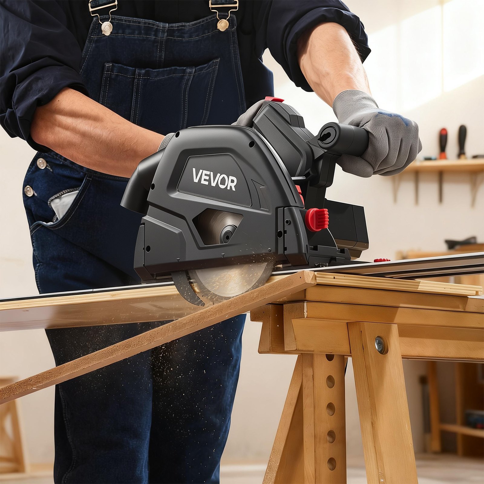VEVOR Track Saw, 165.1 mm, Plunge-Cut Circular Saw Kit, Tracksaw with 48-Tooth Carbide-Tipped Blade, 0-45° Angle Adjustment, 55 mm Cutting Depth, for Wood, Plastic, Guide Rail Not Included, Black