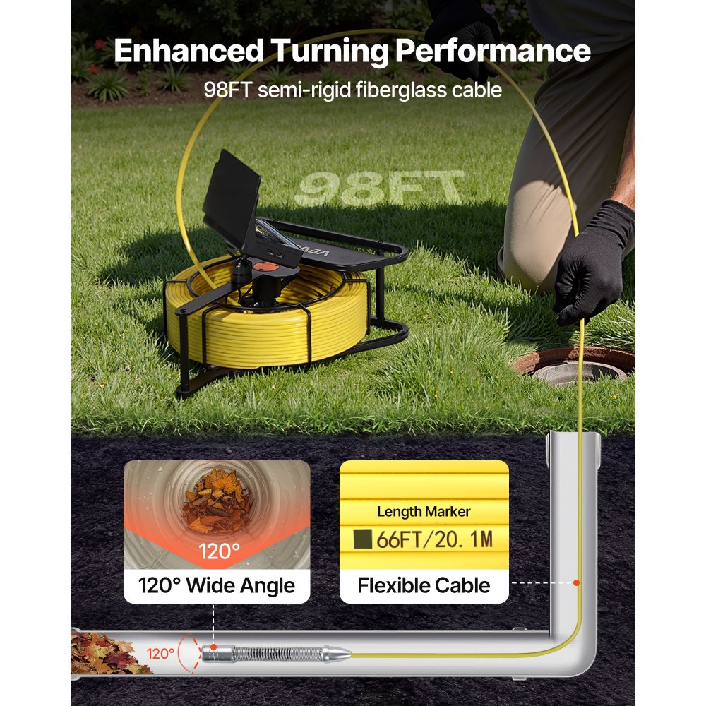 VEVOR Sewer Camera, 98 ft/30m, Self-Leveling Drain Inspection Camera with 4.3" 1080P HD Screen, IP68 Waterproof Snake Plumbing Camera with Lights - 12 LEDs & 16GB Card for Sewer Line Duct Pipe