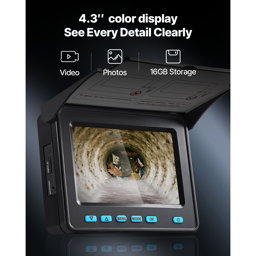 VEVOR Sewer Camera, 30m Drain Inspection Camera, IP68 Waterproof Snake Plumbing Cameras with Lights - 6 Adjustable LEDs, 4500mAh Battery & 16GB Card for Sewer Line Duct Pipes