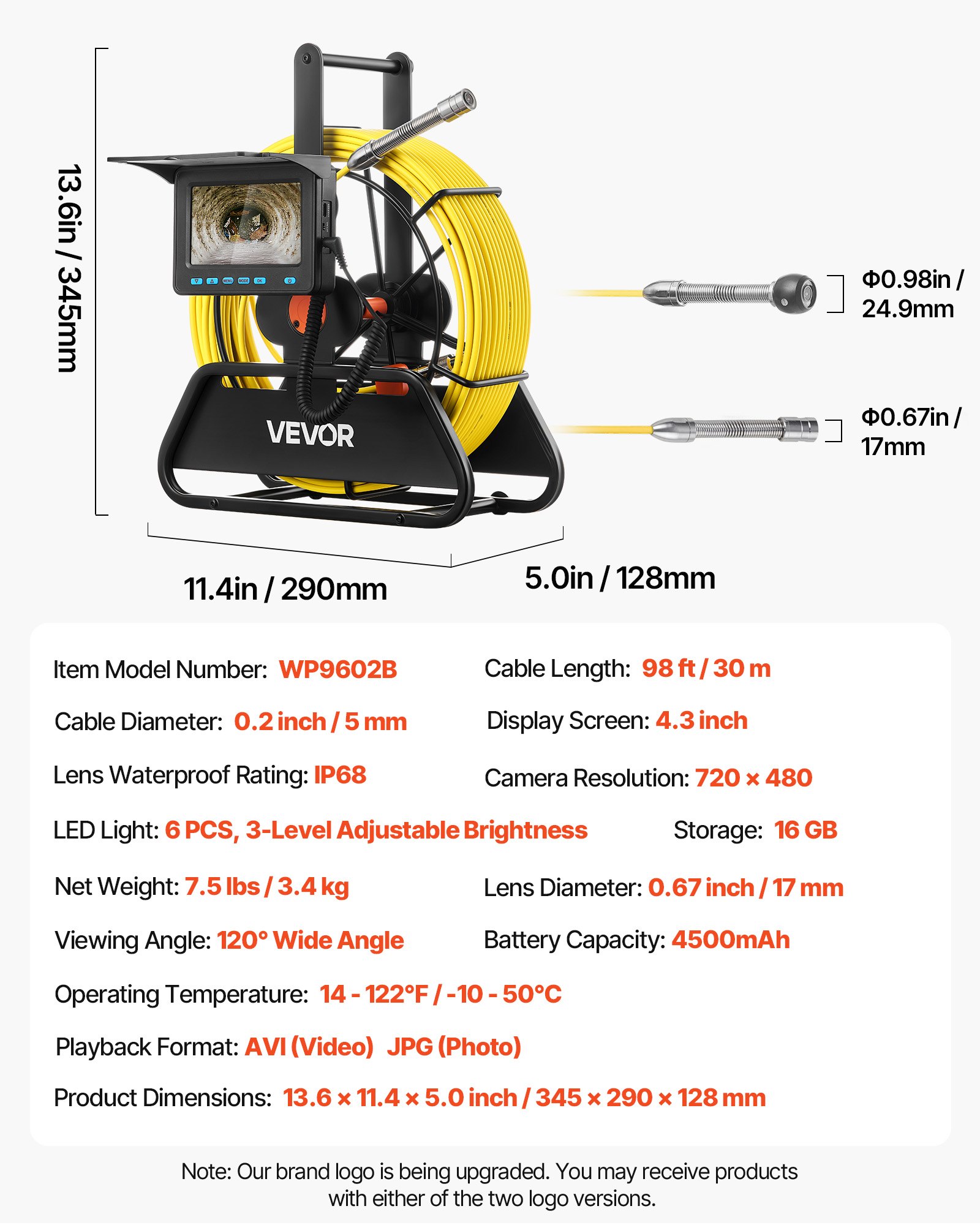 VEVOR Sewer Camera, 30m Drain Inspection Camera, IP68 Waterproof Snake Plumbing Cameras with Lights - 6 Adjustable LEDs, 4500mAh Battery & 16GB Card for Sewer Line Duct Pipes