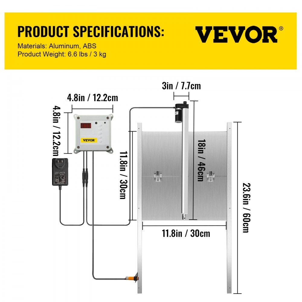 VEVOR Automatic Coop Door, 11.8 x 11.8 12V 66W, with Timer and Light Sensor, Electric Poultry House Opening Kit w/Infrared Induction to Avoid Chicken, Duck, Goose from Crushed, Silver