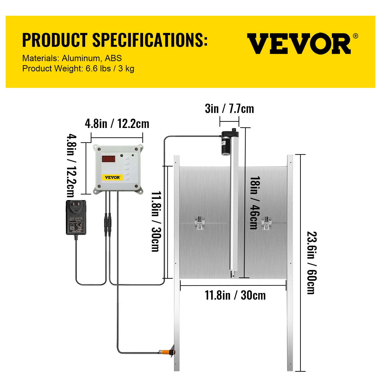 VEVOR Automatic Coop Door, 11.8 x 11.8 12V 66W, with Timer and Light Sensor, Electric Poultry House Opening Kit w/Infrared Induction to Avoid Chicken, Duck, Goose from Crushed, Silver