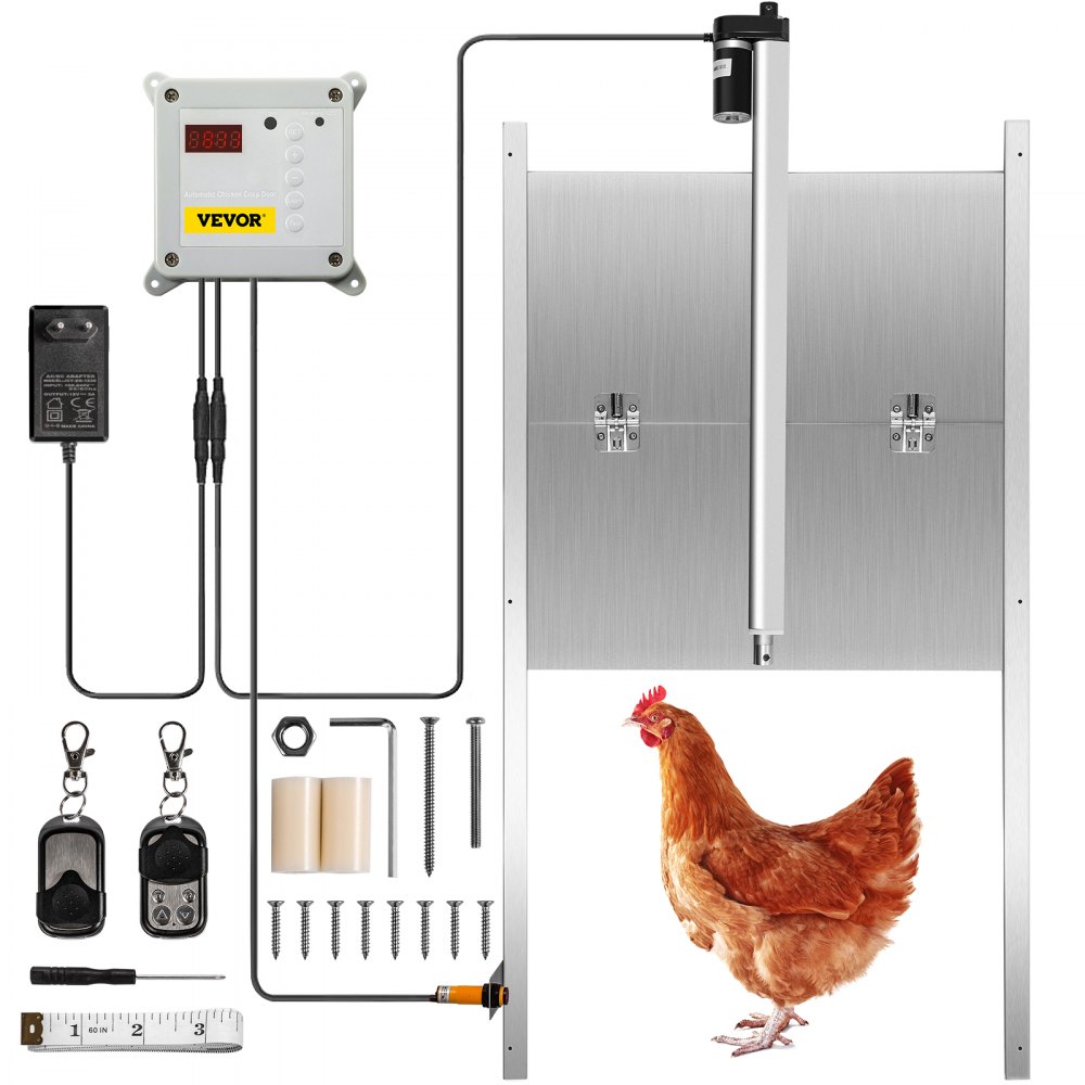 VEVOR automatisk hönsgårdsdörr, timer och ljussensor Kycklingdörröppnare, 12V 66W hönsgårdsdörr, elektrisk fjäderfädörröppnarsats med infraröd sensor, automatisk kycklingdörr med 2 fjärrkontroller