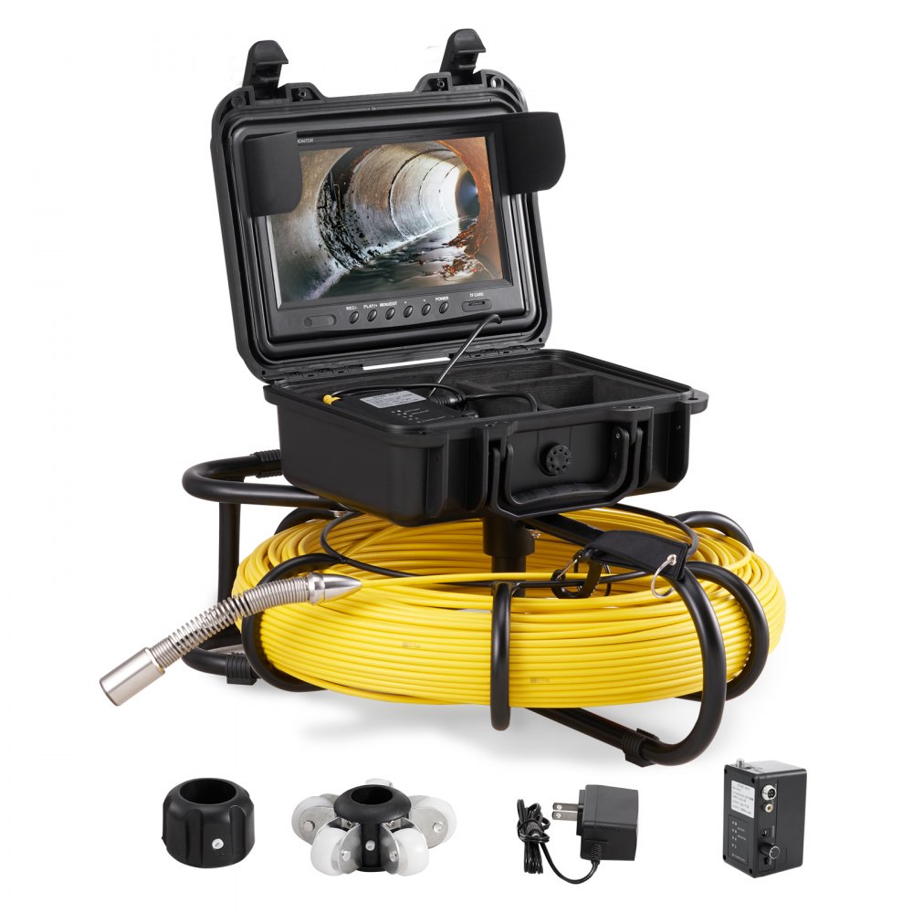 VEVOR sewer camera with monitor, yellow cable reel, and accessories for pipe inspection.