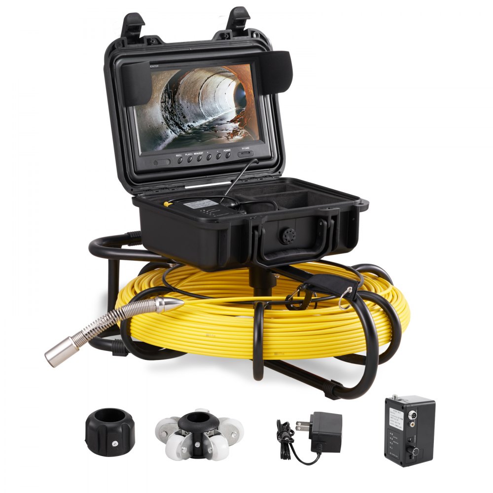 VEVOR sewer camera with monitor display, yellow cable, charger, and accessory attachments.