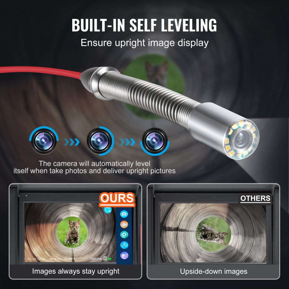 VEVOR Sewer Camera, 165 ft/50m, Self-Leveling Drain Camera with 10.1" Touchscreen, 512Hz Transmitter & Distance Counter, IP67 Snake Plumbing Camera with Lights-12 LED, 32GB Card for Duct Pipe