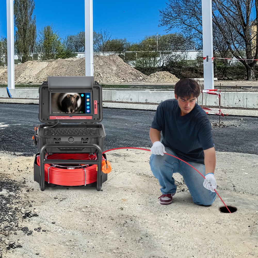 VEVOR Sewer Camera, 165 ft/50m, Self-Leveling Drain Camera with 10.1" Touchscreen, 512Hz Transmitter & Distance Counter, IP67 Snake Plumbing Camera with Lights-12 LED, 32GB Card for Duct Pipe
