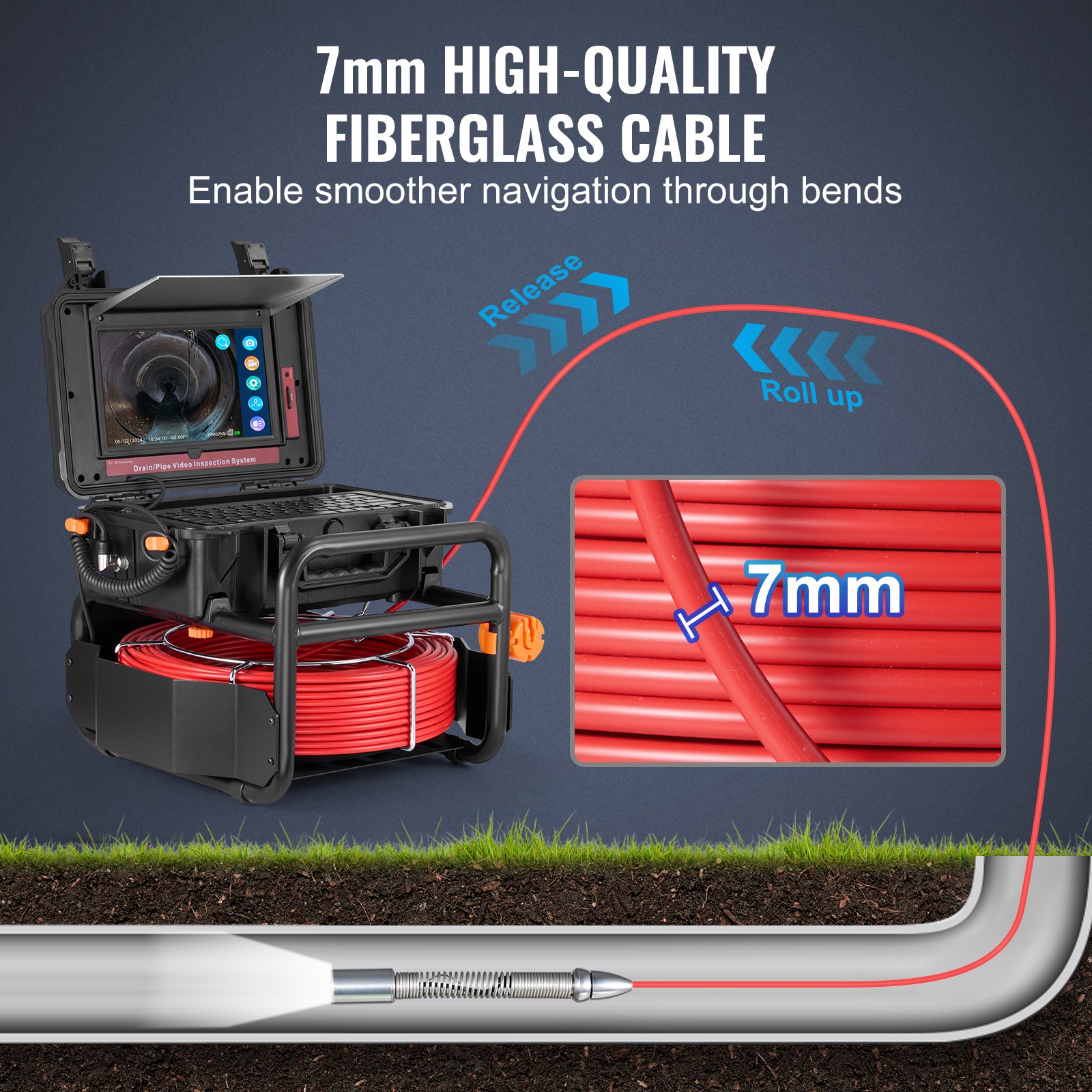 VEVOR Sewer Camera, 165 ft/50m, Self-Leveling Drain Camera with 10.1" Touchscreen, 512Hz Transmitter & Distance Counter, IP67 Snake Plumbing Camera with Lights-12 LED, 32GB Card for Duct Pipe