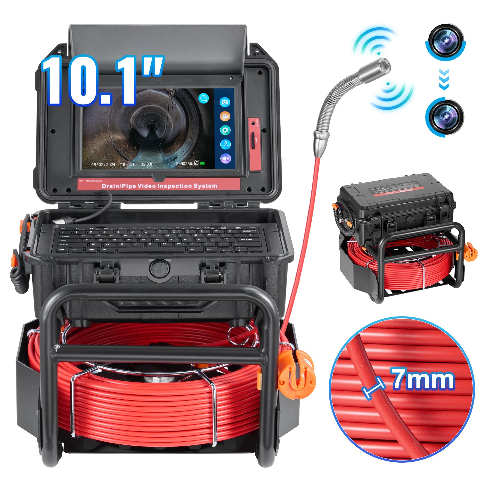 VEVOR Sewer Camera, 165 ft/50m, Self-Leveling Drain Camera with 10.1" Touchscreen, 512Hz Transmitter & Distance Counter, IP67 Snake Plumbing Camera with Lights-12 LED, 32GB Card for Duct Pipe