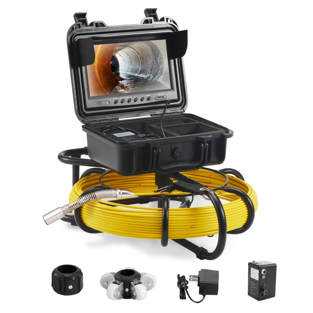 VEVOR sewer camera with a monitor displaying a pipe interior, coiled yellow cable, and various accessories.