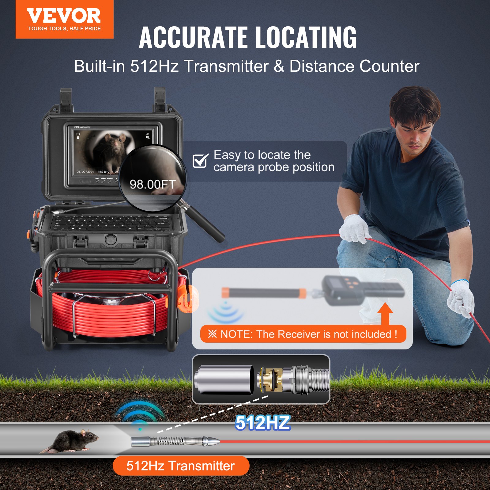 VEVOR Sewer Camera 98 ft/30m Αυτοεπιπεδούμενη κάμερα αποχέτευσης με πομπό 512 Hz