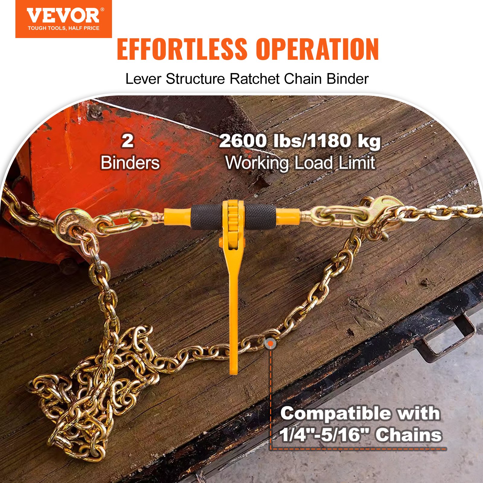 VEVOR Ratchet Chain Binders, 1/4"-5/16", 2600 lbs Safe Working Load, 2 Pack Load Binder with 2 Grab Hooks, Tie Downs for Transport Chain, Heavy Duty Tow Chain Ratchet Binders for Flatbed Truck Trailer