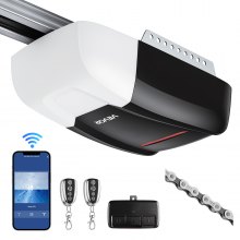VEVOR Garage Door Opener 3/4 HP Heavy Duty Chain Drive WiFi Smart Opener, for Residential Garage, Includes Durable Rail, 3 Remotes, Smartphone App Control, Obstacle Sensor & LED Light, Black & White