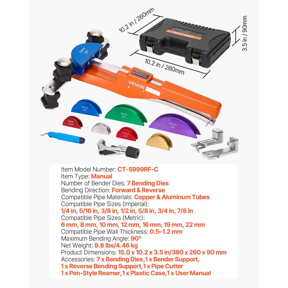 VEVOR Tubing Bender Kit, 1/4 to 7/8 Inch, Compact Ratcheting Tube Pipe Bender, Forward/Reverse Hand Bending Tool, with 7 Color Aluminium Alloy Dies, for Copper HVAC Air Conditioning Refrigeration