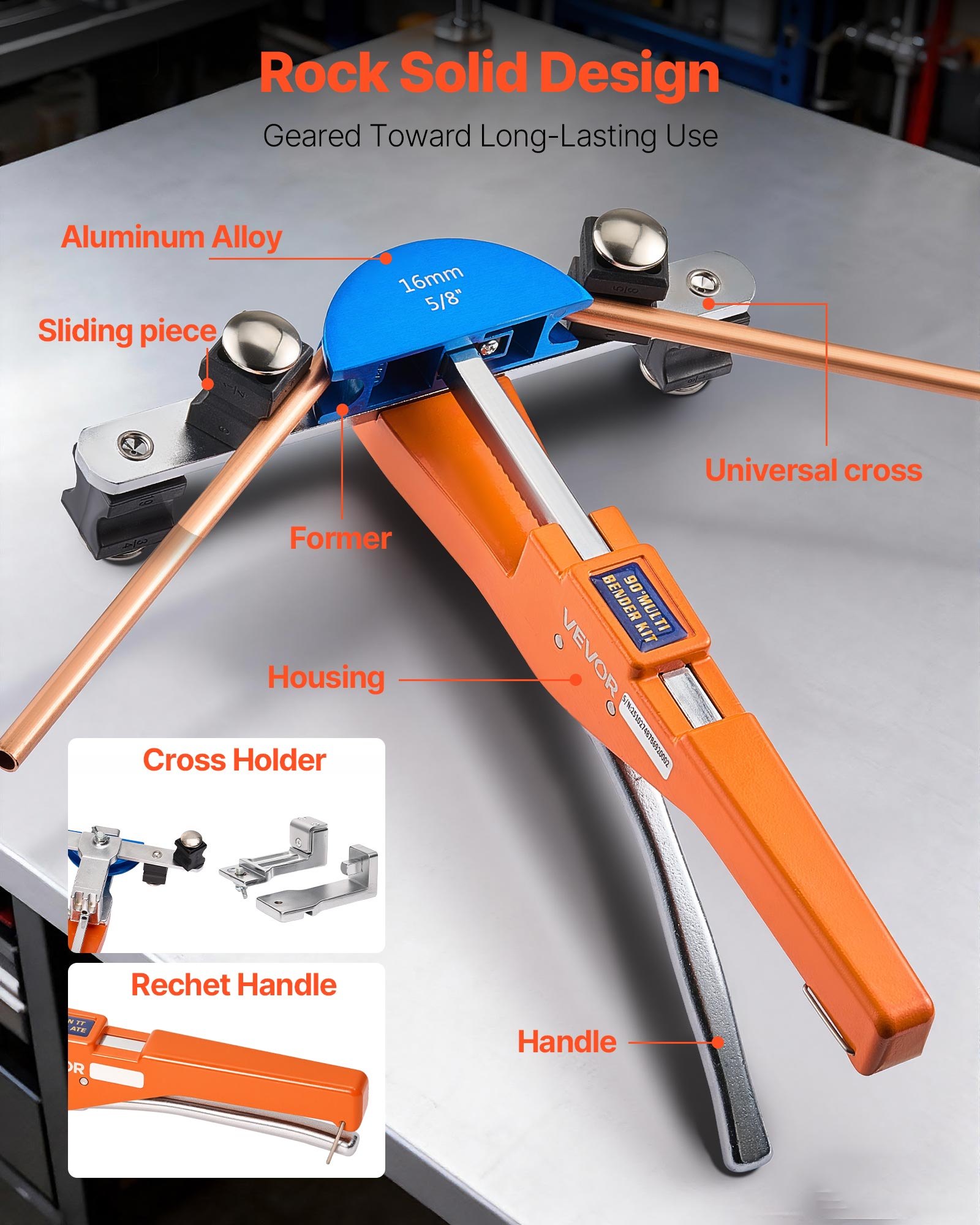 VEVOR Tubing Bender Kit, 6 mm to 22 mm, Compact Ratcheting Tube Pipe Bender, Forward/Reverse Hand Bending Tool, with 7 Color Aluminium Alloy Dies, for Copper HVAC Air Conditioning Refrigeration Repair