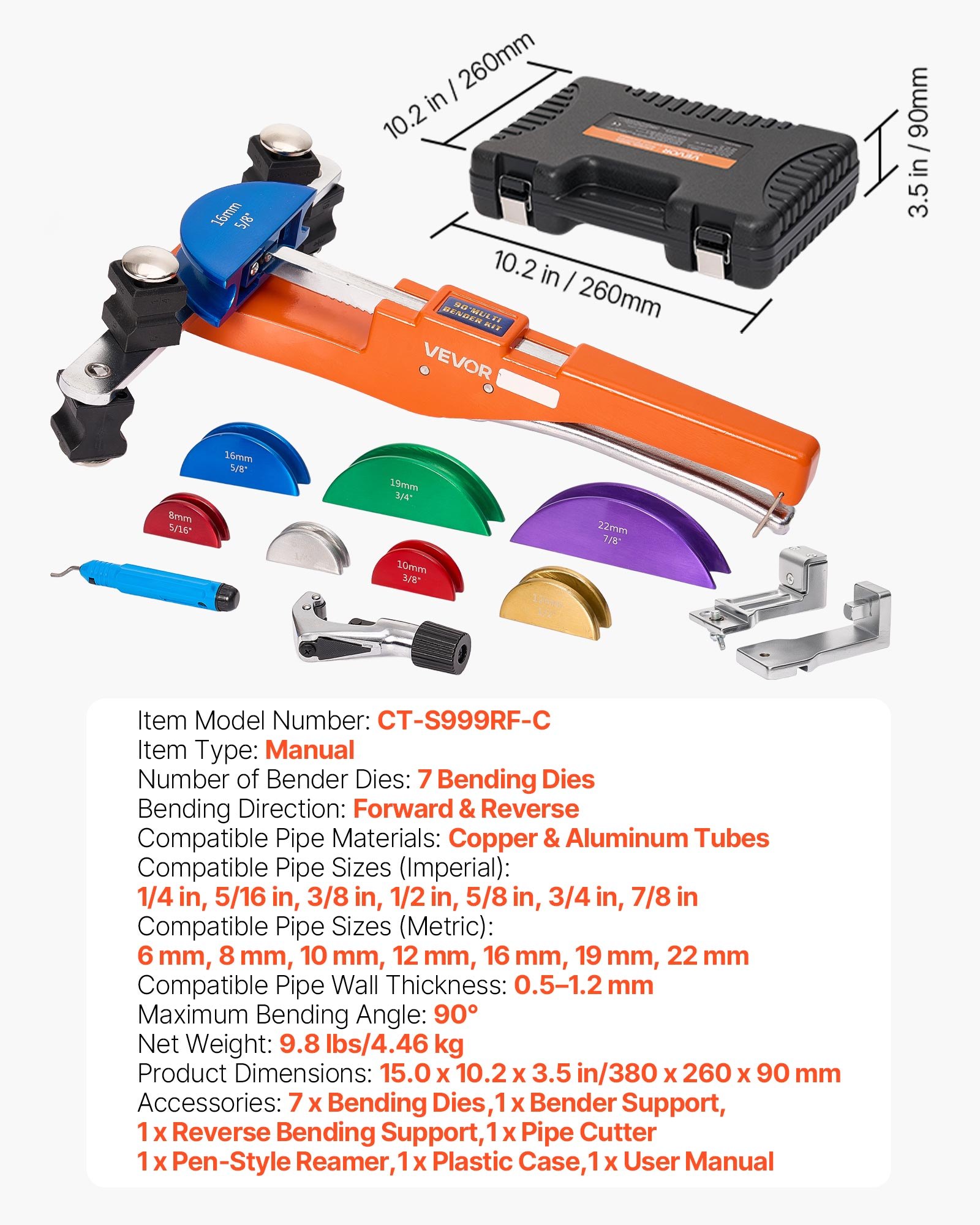 VEVOR Tubing Bender Kit, 6 mm to 22 mm, Compact Ratcheting Tube Pipe Bender, Forward/Reverse Hand Bending Tool, with 7 Color Aluminium Alloy Dies, for Copper HVAC Air Conditioning Refrigeration Repair