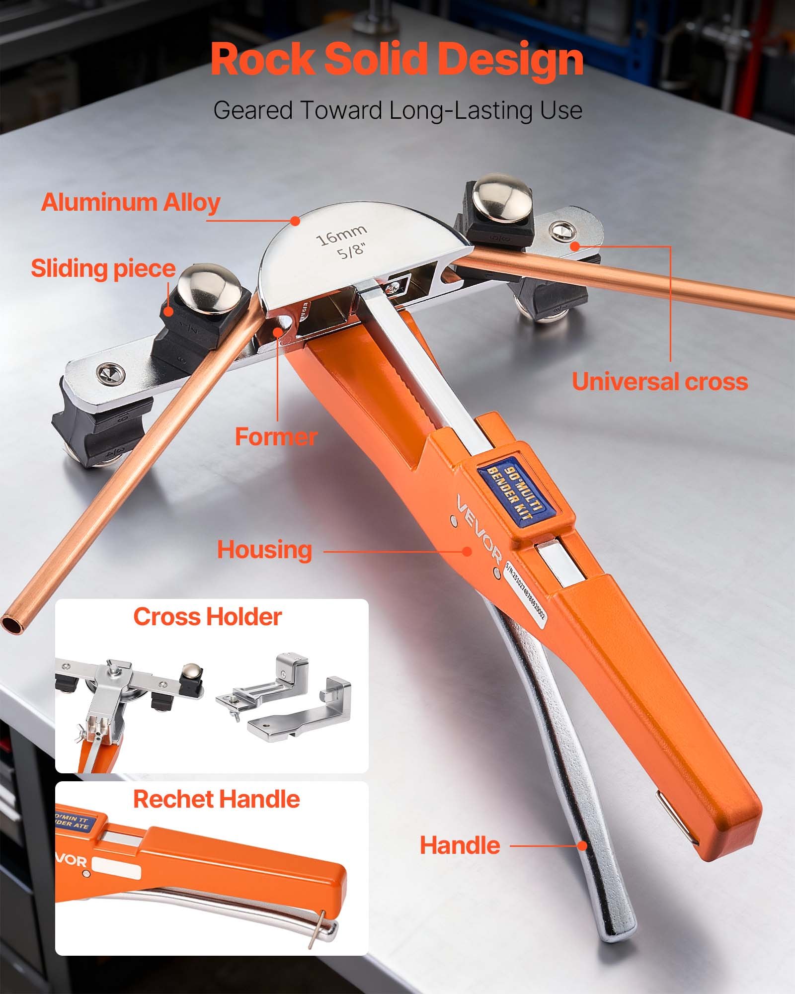 VEVOR Tubing Bender Kit, 6 mm to 22 mm, Compact Ratcheting Tube Pipe Bender, Forward/Reverse Hand Bending Tool, with 7 Aluminium Alloy Dies, for Copper HVAC Air Conditioning Refrigeration Auto Repair