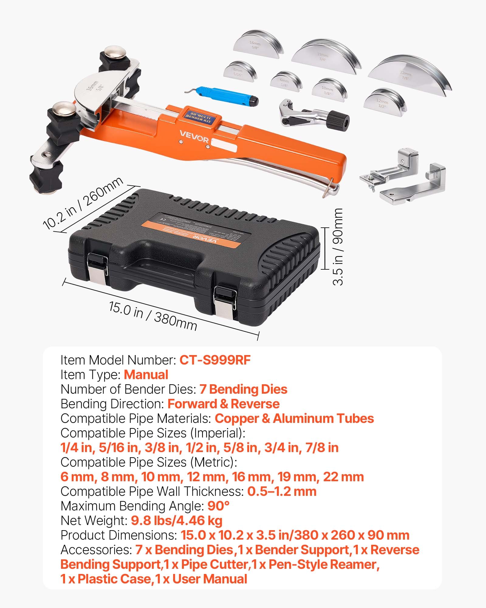VEVOR Tubing Bender Kit, 6 mm to 22 mm, Compact Ratcheting Tube Pipe Bender, Forward/Reverse Hand Bending Tool, with 7 Aluminium Alloy Dies, for Copper HVAC Air Conditioning Refrigeration Auto Repair