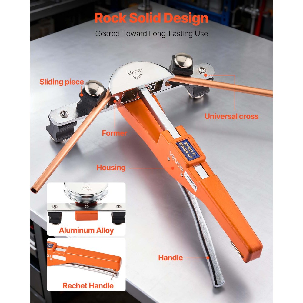 VEVOR Tubing Bender Kit, 6 mm to 22 mm, Compact Ratcheting Tube Pipe Bender, Ratchet Hand Bending Tool, with 7 Aluminium Alloy Dies, HVAC Tools, for Copper Aluminum HVAC Refrigeration Maintenance
