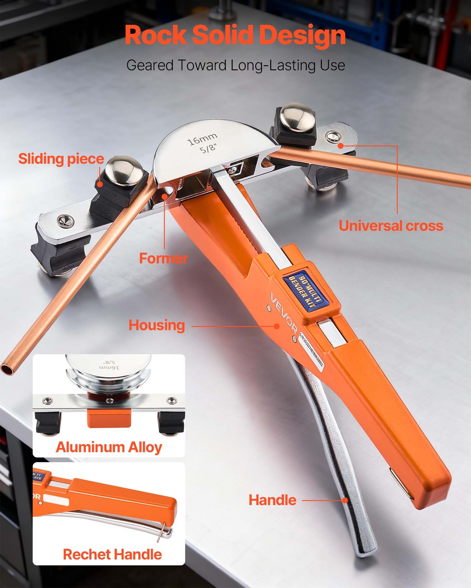 VEVOR Tubing Bender Kit, 6 mm to 22 mm, Compact Ratcheting Tube Pipe Bender, Ratchet Hand Bending Tool, with 7 Aluminium Alloy Dies, HVAC Tools, for Copper Aluminum HVAC Refrigeration Maintenance