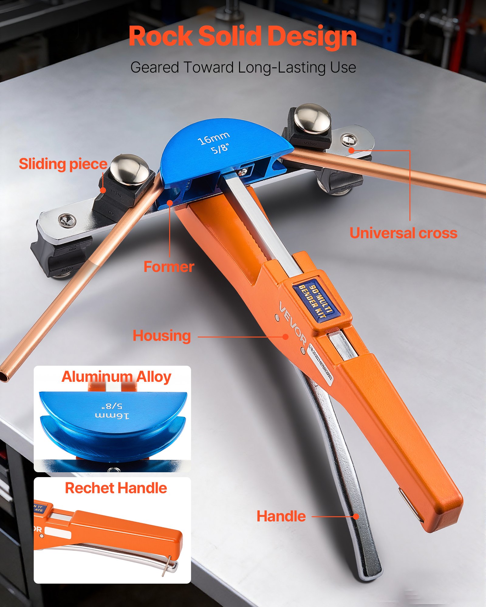 VEVOR Tubing Bender Kit, 1/4 to 7/8 Inch, Compact Ratcheting Tube Pipe Bender, Ratchet Hand Bending Tool, with 7 Color Aluminium Alloy Dies, HVAC Tools, for Copper HVAC Air Conditioning Refrigeration